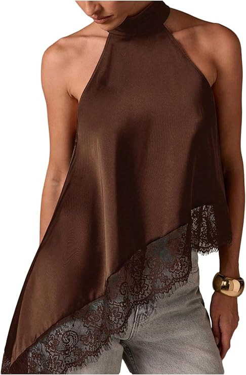 Milumia Women's Y2k Halter Mock Neck Sleeveless Top Lace Asymmetrical Hem Going Out Tank Tops | Amazon (US)