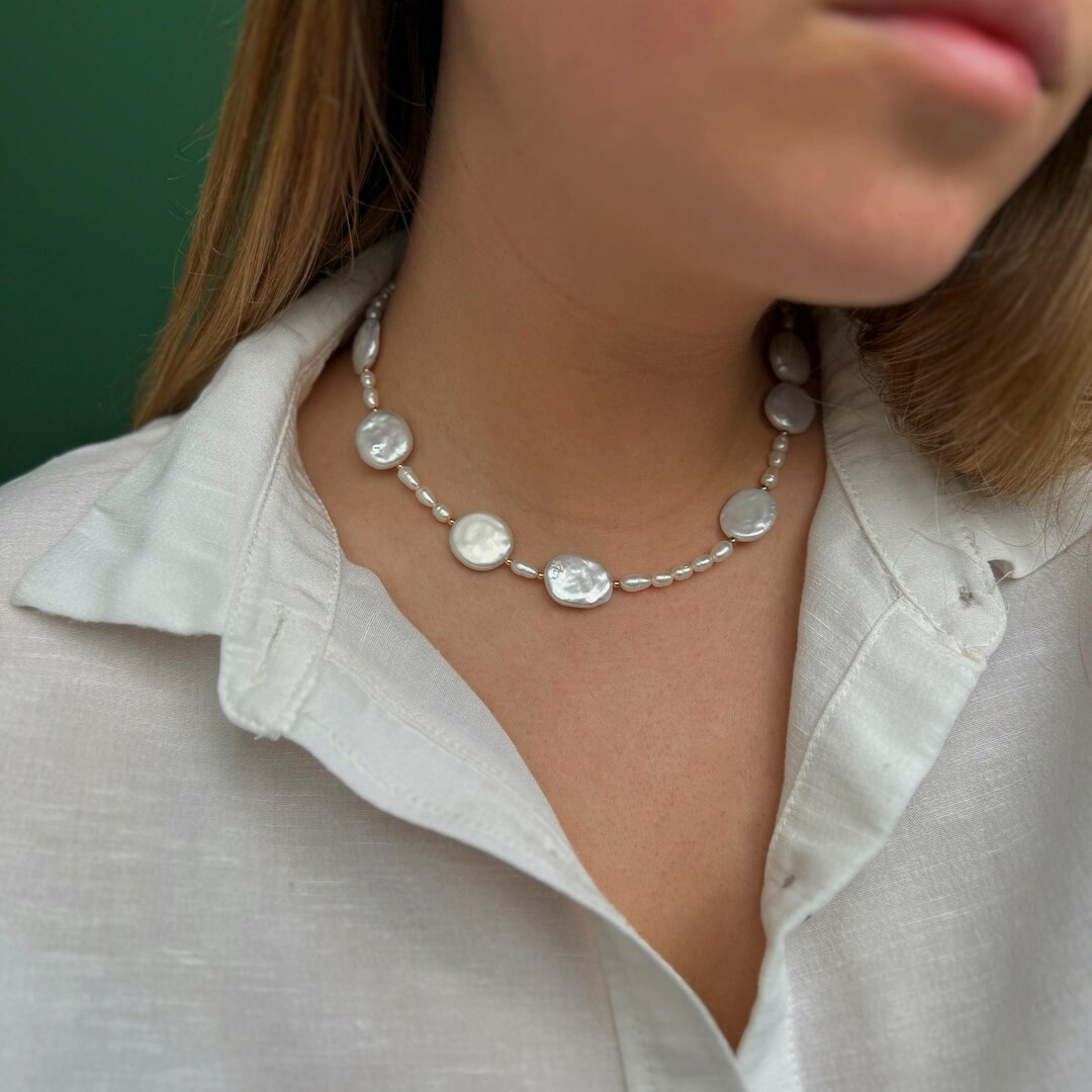 White Coin Pearl Necklace, Irregular Baroque Pearl Necklace, Coin Pearl Choker, Mixed Pearl Neckl... | Etsy (US)
