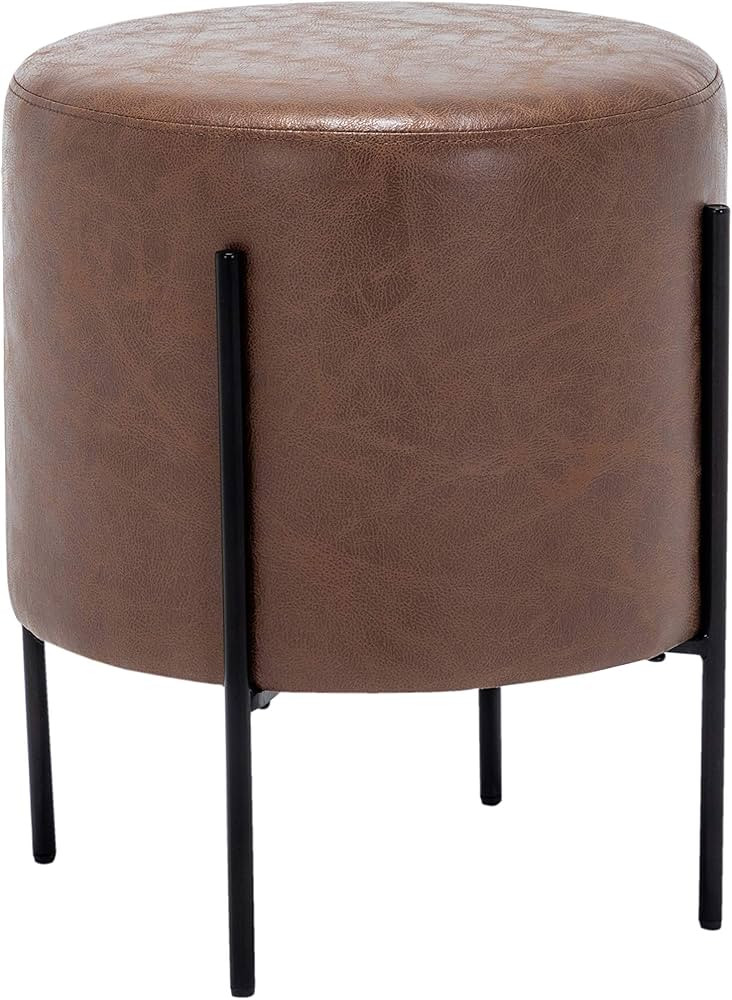 Wovenbyrd Modern Round Ottoman Footstool with Metal Base Legs, 16-Inch Wide, Light Brown Faux Lea... | Amazon (US)
