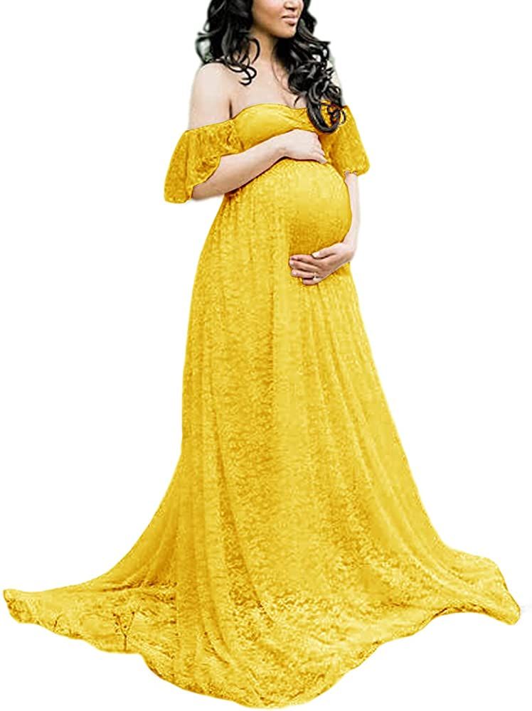 ZIUMUDY Photography Maternity Dress Off Shoulder Lace Baby Shower Pregnant Wedding Dress | Amazon (US)