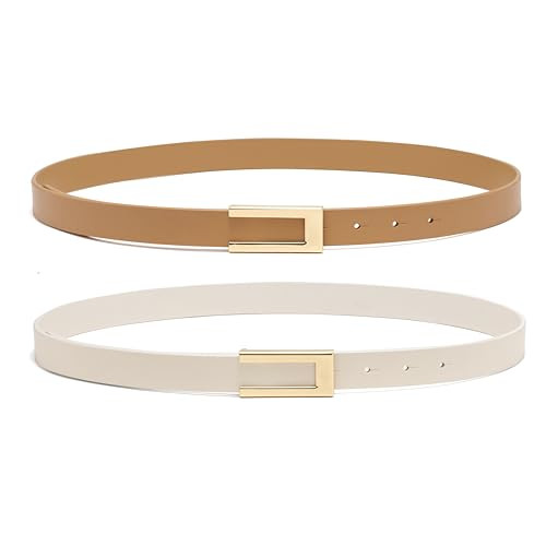 YooAi Womens Leather Belt Skinny Waist Belt for Dresses Jeans Pants with Gold Buckle Camel+White 128 | Amazon (US)