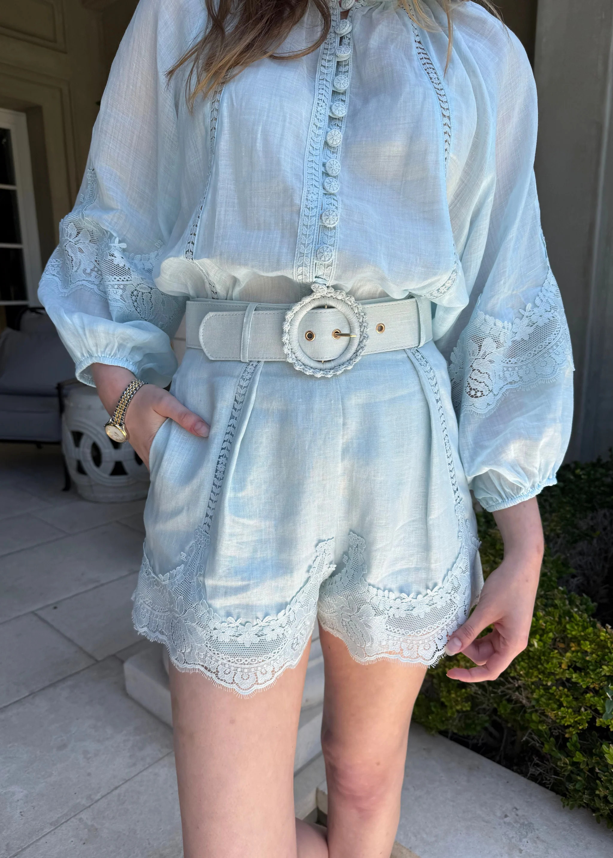 Lorna Sky Blue Linen and Lace Belted Shorts | Benaar La