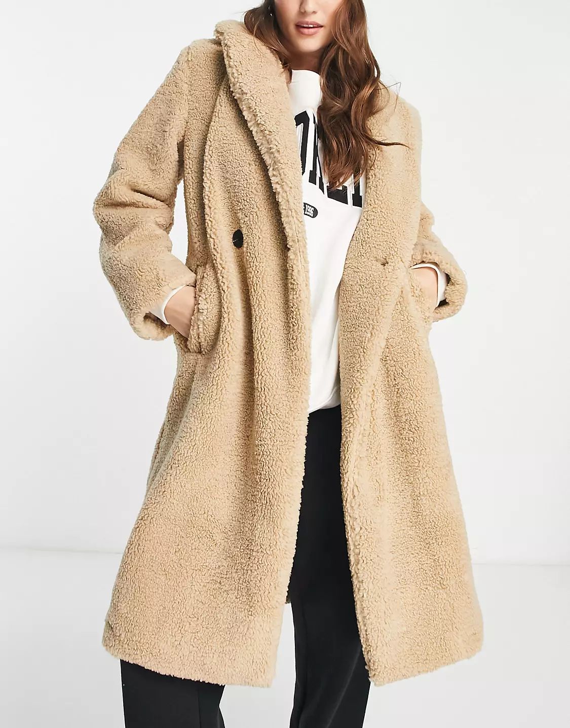 New Look double breasted borg coat in camel | ASOS (Global)