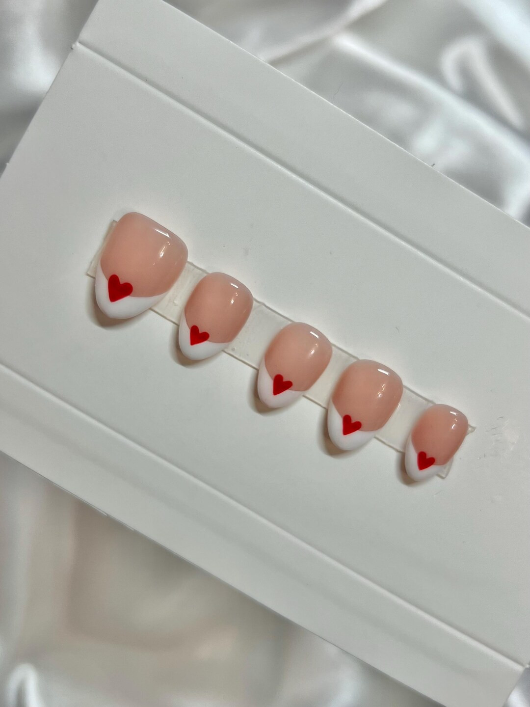 Luxury Hand Painted Press on Nails French Tip Red Hearts Valentines Day - Etsy | Etsy (US)