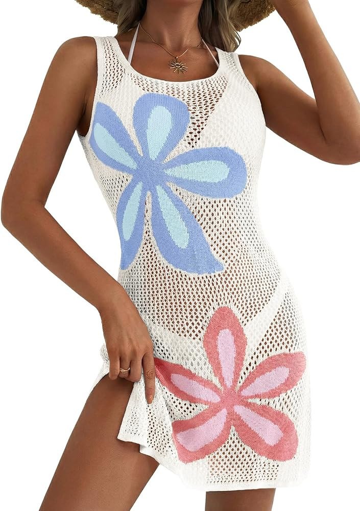 Dokotoo Women's Summer Swimsuit 2026 Cover up Crochet Beach Floral Hollow Out Slit Bikini Sleevel... | Amazon (US)