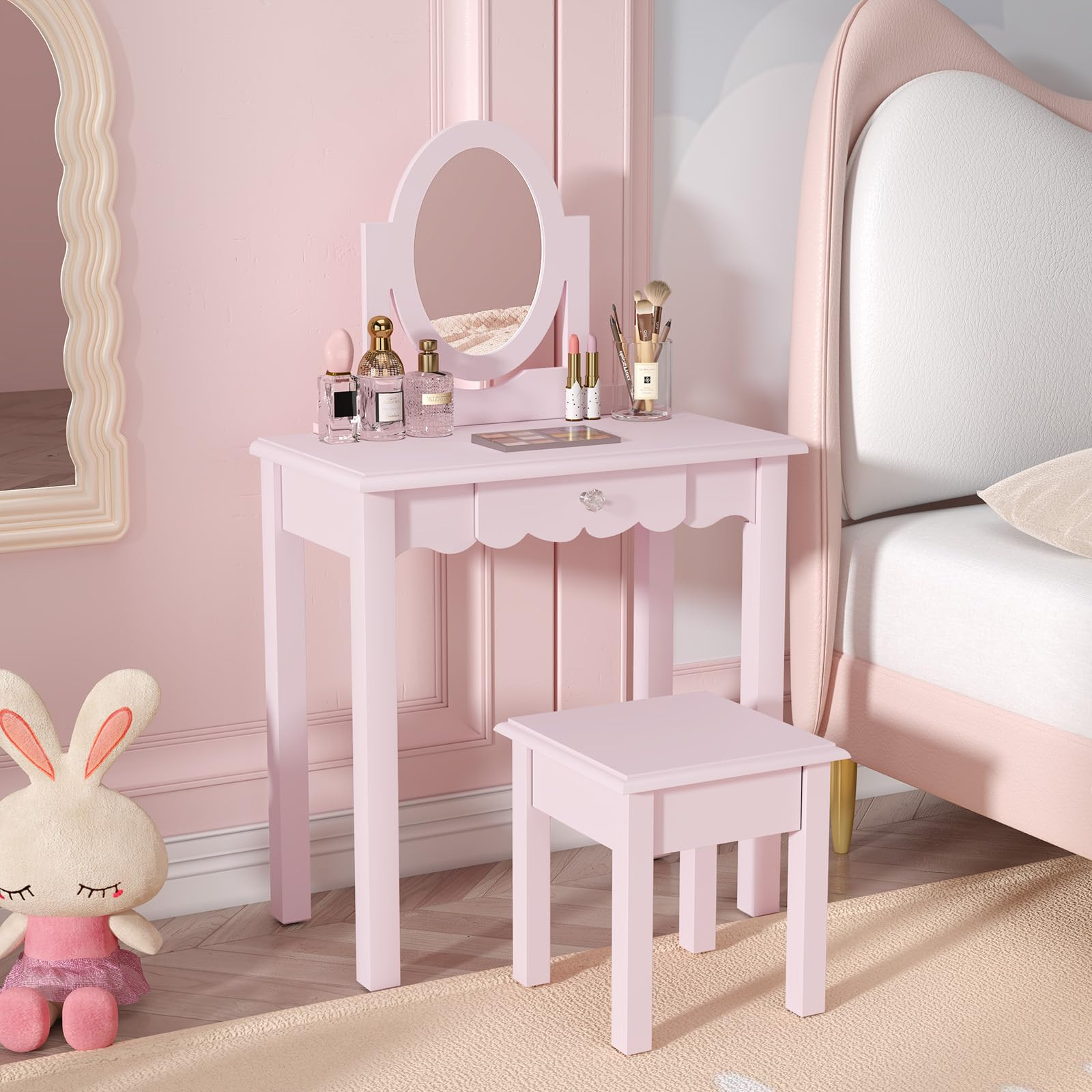 HLR Kids Vanity, Girls Vanity Set with Mirror and Stool, Wooden 2 in 1 Princess Makeup Desk Dress... | Amazon (US)