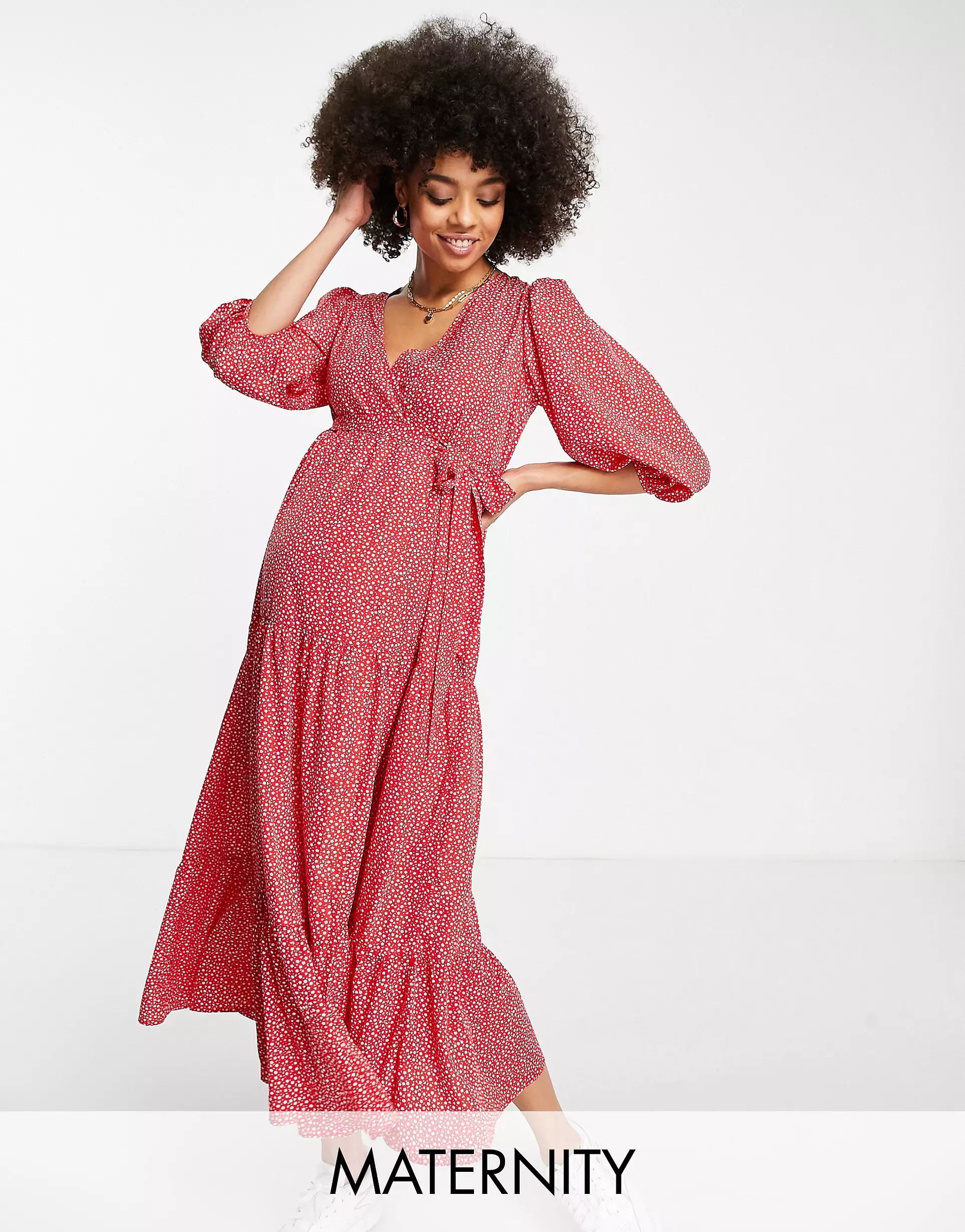 Glamorous Bloom maxi wrap dress with balloon sleeves in red ditsy | ASOS (Global)