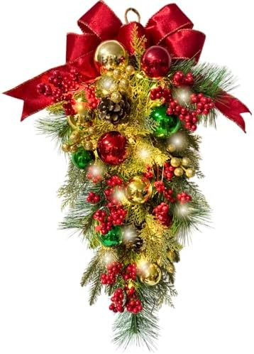 Christmas Swag Lighted Artificial Christmas Teardrop with Timer Glitter Ball Ornaments Pine Needl... | Amazon (US)