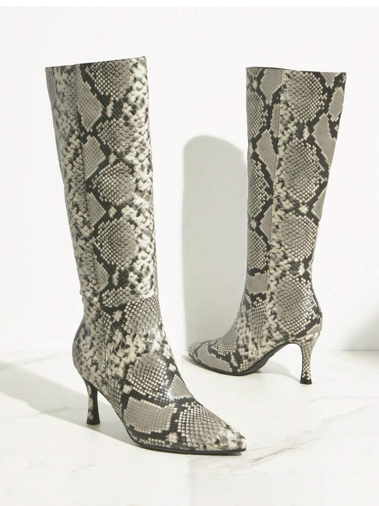 SHUZIA Women Shoes Knee High Boot Kitten Heel Pointy Toe Snake PU Beige Knee High Boot Summer Shoes Spring Shoes Spring Break Easter For Christmas | SHEIN