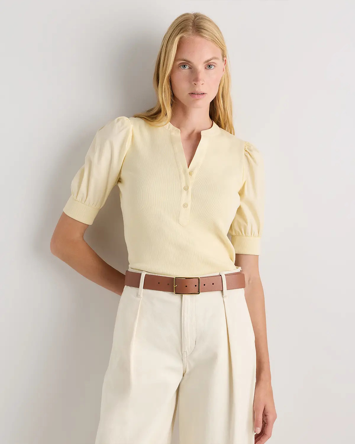 Cotton Mixed Media Puff Sleeve Top | Quince