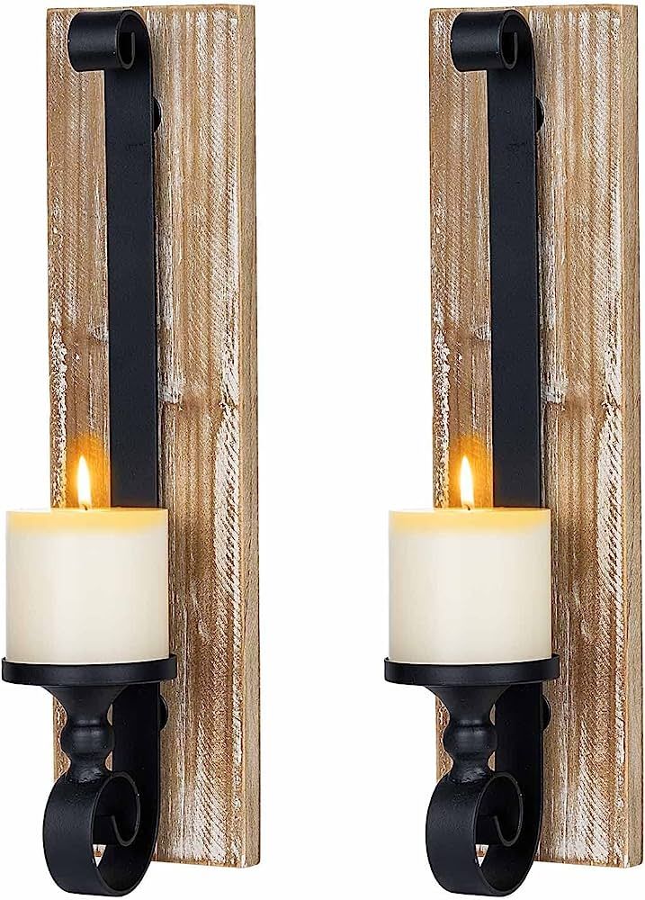 Wall Sconce Candle Holder (Set of 2) Black Wall-Mount Metal and Wooden Candle Holders Hanging Iro... | Amazon (US)