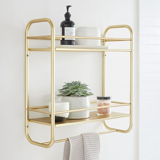 Deco Curve Metal Wall Shelf, Double, Antique Brass, Metal, 20""x22 | West Elm (US)