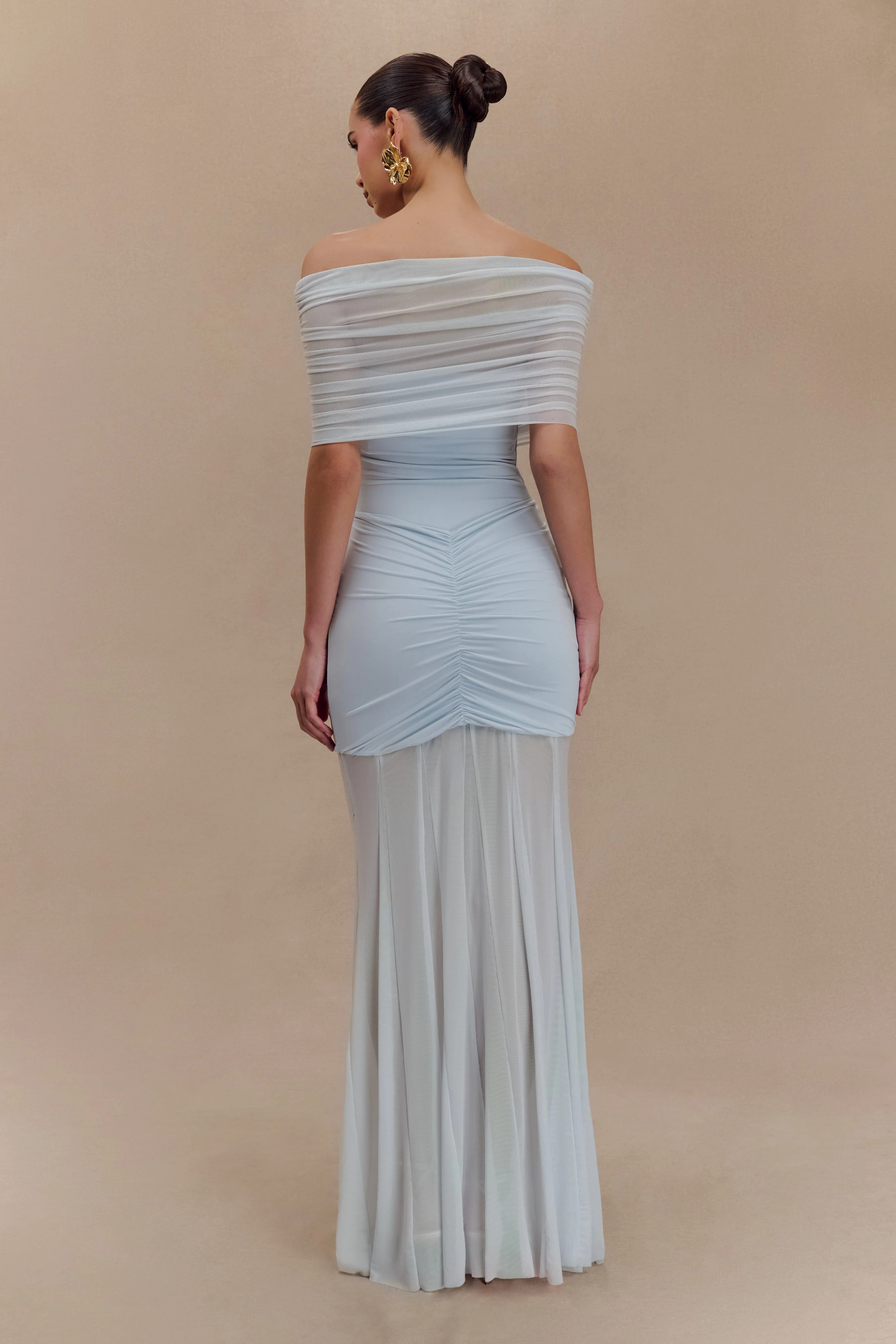 Slinky And Mesh Off Shoulder Maxi Dress - Pale Blue | MESHKI US