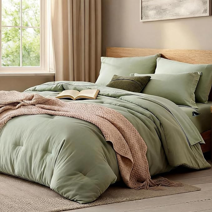 Queen Comforter Set - 7 Pieces Sage Green Soft Bed in a Bag Queen with Fitted Sheet, Flat Sheet, ... | Amazon (US)