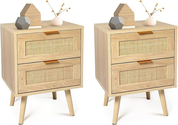 LAZZO Set of 2 Nightstands Wooden Night Stands with Rattan Drawers Home Bedside End Table for Bed... | Amazon (US)