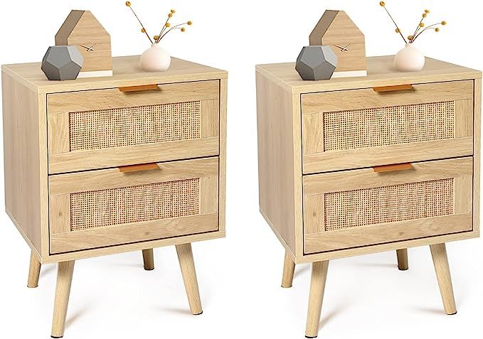 LAZZO Set of 2 Nightstands Wooden Night Stands with Rattan Drawers Home Bedside End Table for Bed... | Amazon (US)