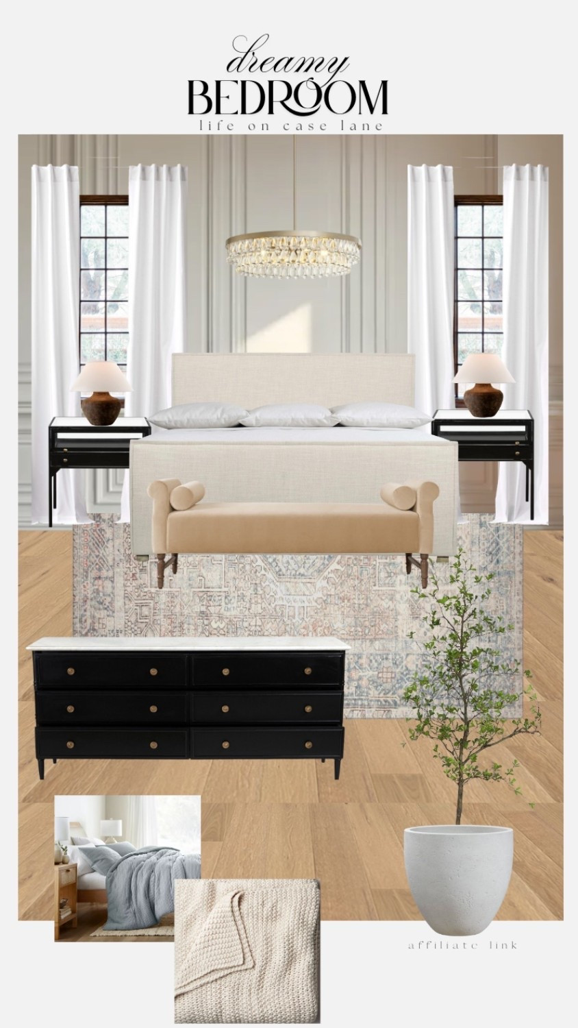 Primary bedroom furniture - upholstered bed, nightstand, table lamp, end of bed bench, area rug, dresser, faux tree, bedding, comforter, throw blanket, bedroom chandelier, bedroom curtains, affordable curtains 

#LTKFindsUnder100 #LTKFamily #LTKHome