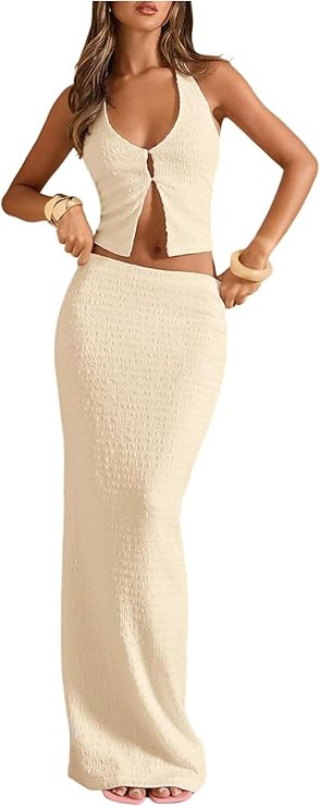 SOLY HUX Women's 2 Piece Evening Party Outfit Elegant Split Hem Halter Crop Top and Maxi Skirt Se... | Amazon (US)