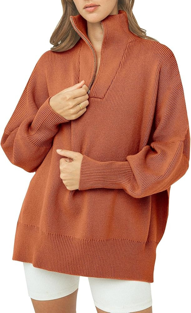 Imily Bela Women's 1/4 Zip Collared Sweaters Long Sleeve Oversized Slit Side Slouchy Sweatshirt Knit | Amazon (US)