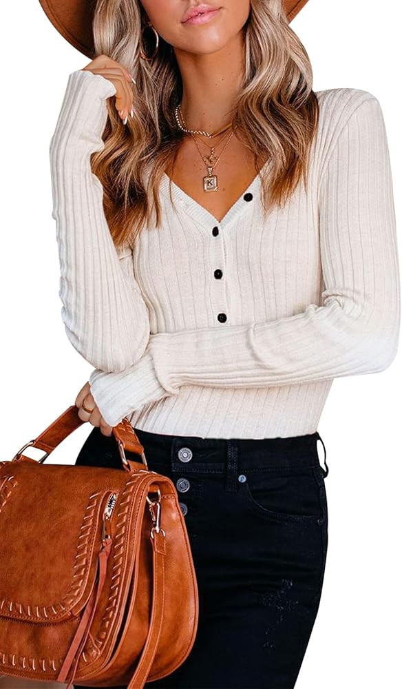 PRETTYGARDEN Long Sleeve Henley Shirts for Women - Button V Neck Basic Slim Fitted Ribbed Knit Tu... | Amazon (US)
