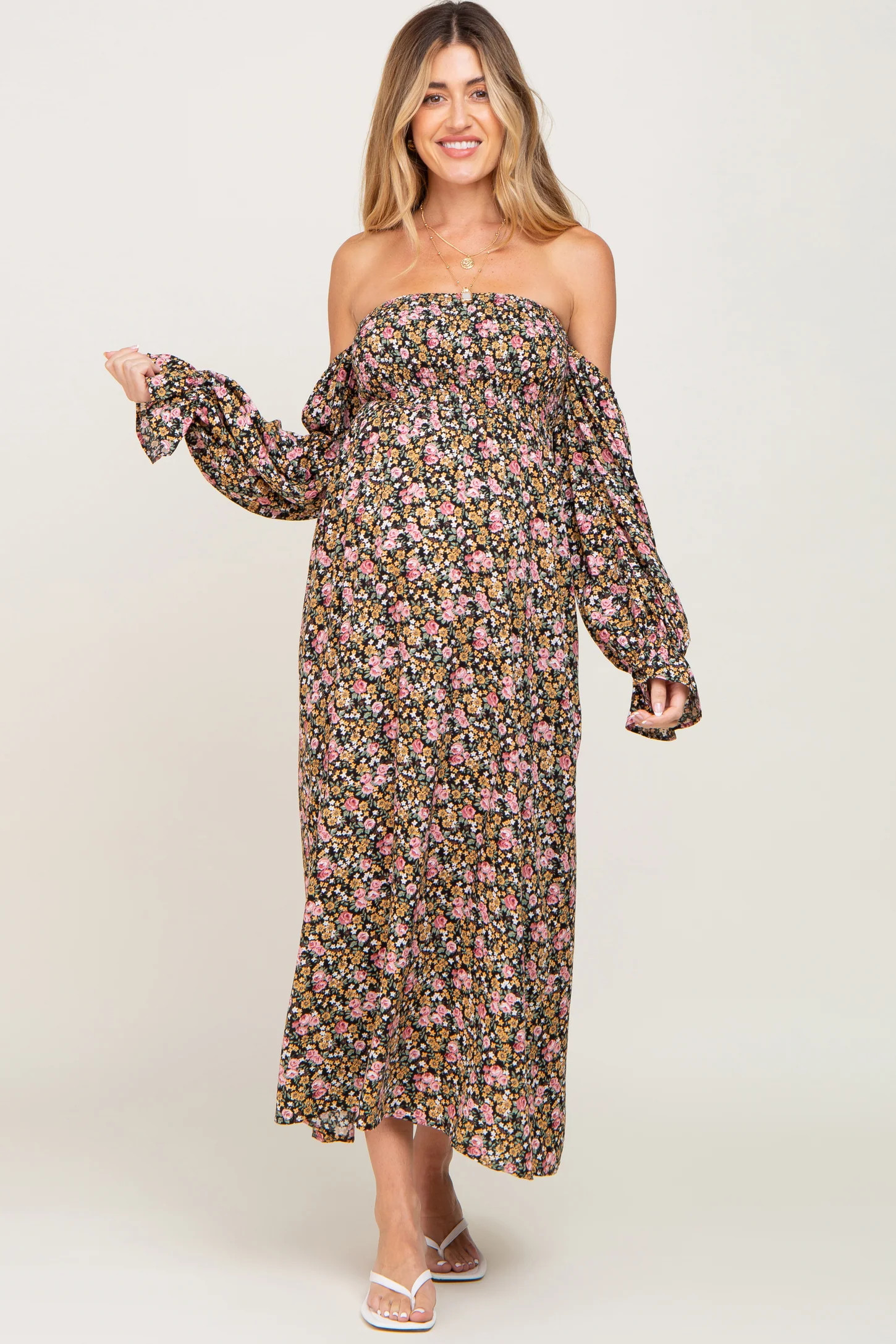 Taupe Floral Off Shoulder Long Sleeve Maternity Maxi Dress | PinkBlush Maternity