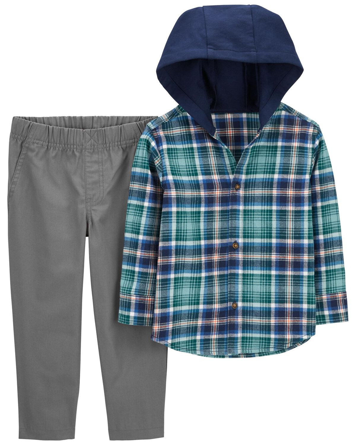 Navy/Grey Toddler 2-Piece Plaid Hooded Button-Front & Pant Set | carters.com | Carter's