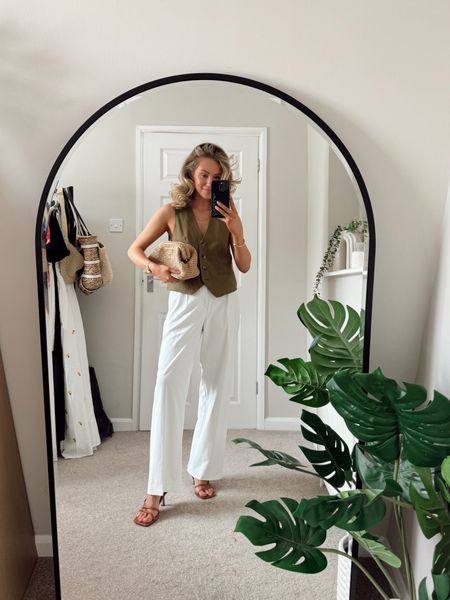 Spring outfit, neutral outfit, tan waistcoat, white Uniqlo fitted trousers, neutral heels, rattan clutch bag, summer style, classic outfit, neutrals 

#LTKspring #LTKuk #LTKstyletip