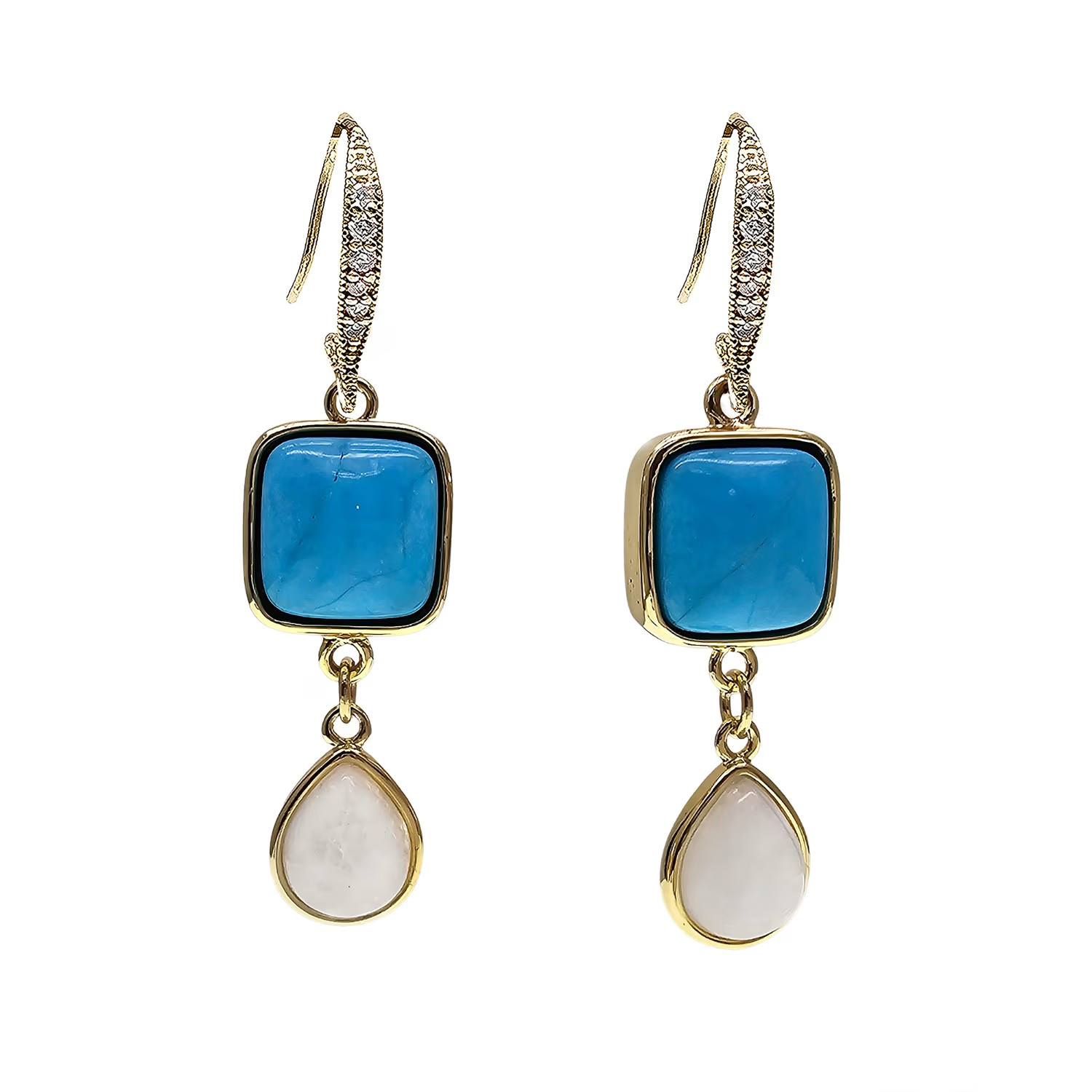 Blue Turquoise With Teardrop Moonstone Dangle Comfortable Earrings | Wolf & Badger