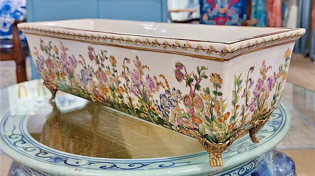 Chinoiserie Porcelain Rectangular Planter. Bronze Feet. Hand Painted (18"L) | eBay US