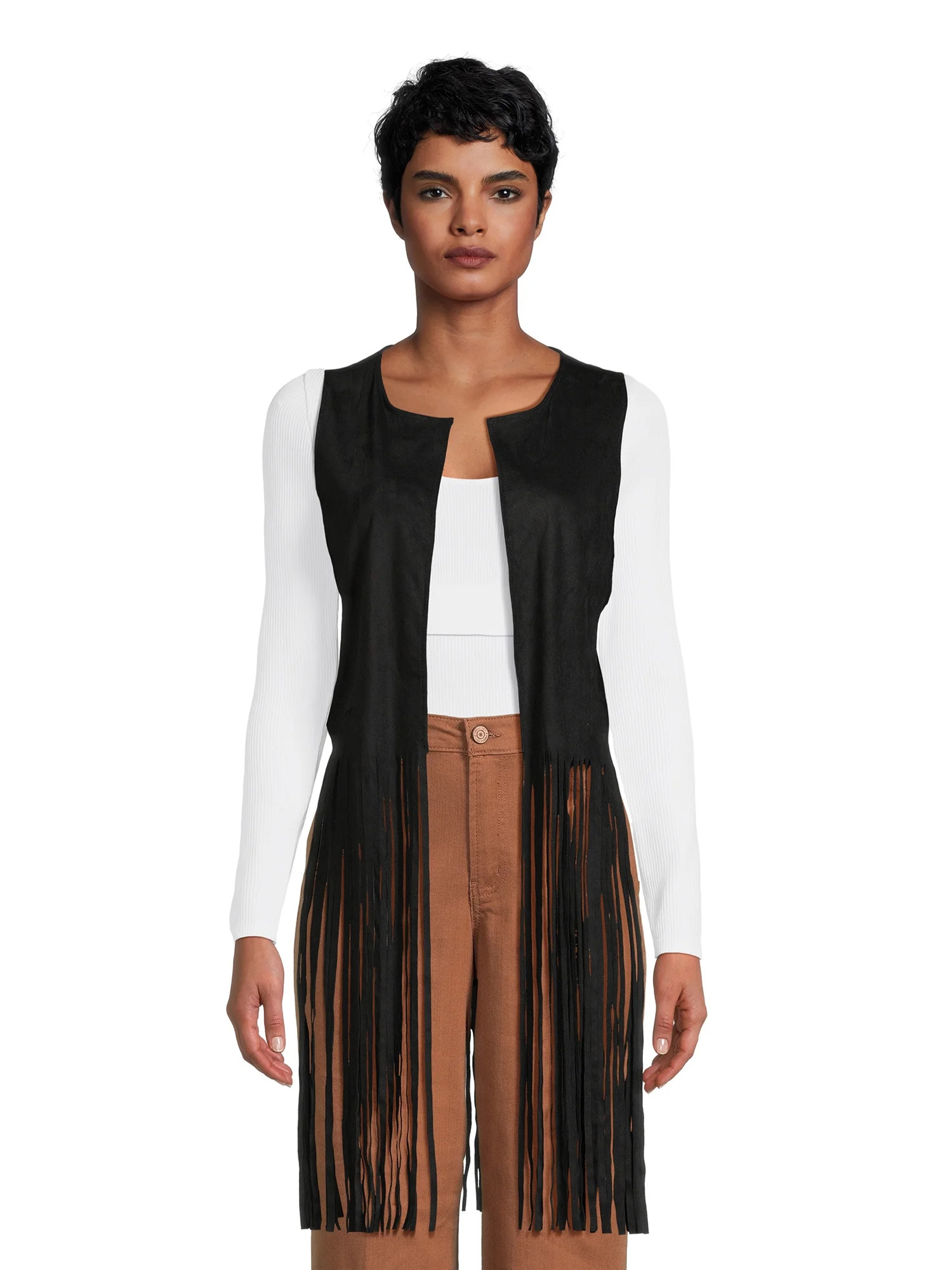 No Boundaries Women's Fringe Layering Vest, L/XL, Black | Walmart (US)