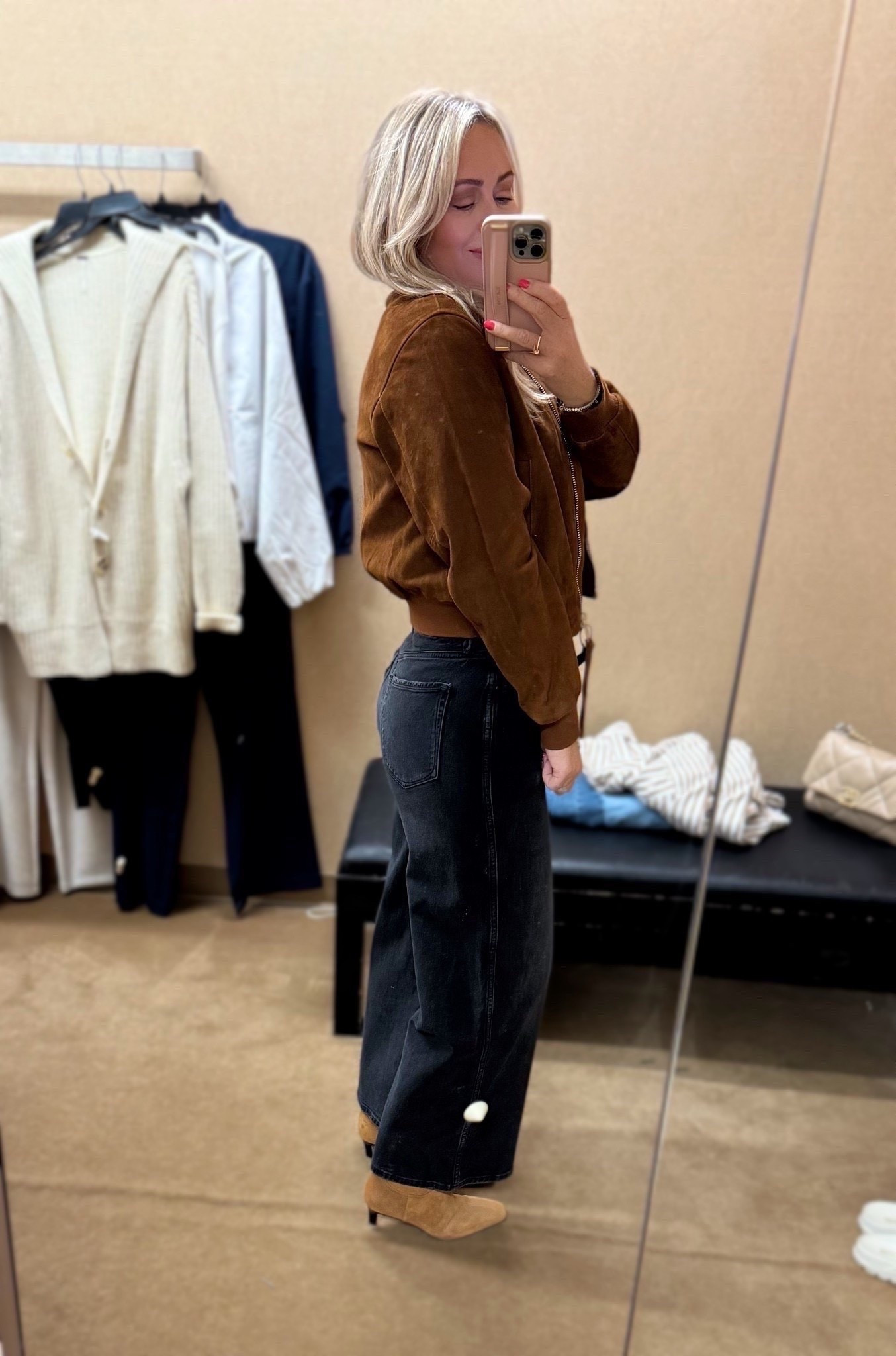 This suede bomber is GORG! 🤎 

Jacket runs small - size up one. I did 6
Jeans, TTS. 
Heels, TTS. 

Fall outfit. Outerwear. Jeans. Denim. Workwear.

#LTKWorkwear #LTKSeasonal #LTKootd