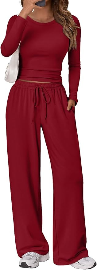 Trendy Queen Women's 2 Piece Matching Lounge Set Long Sleeve Slightly Crop Top Wide Leg Pants Cas... | Amazon (US)