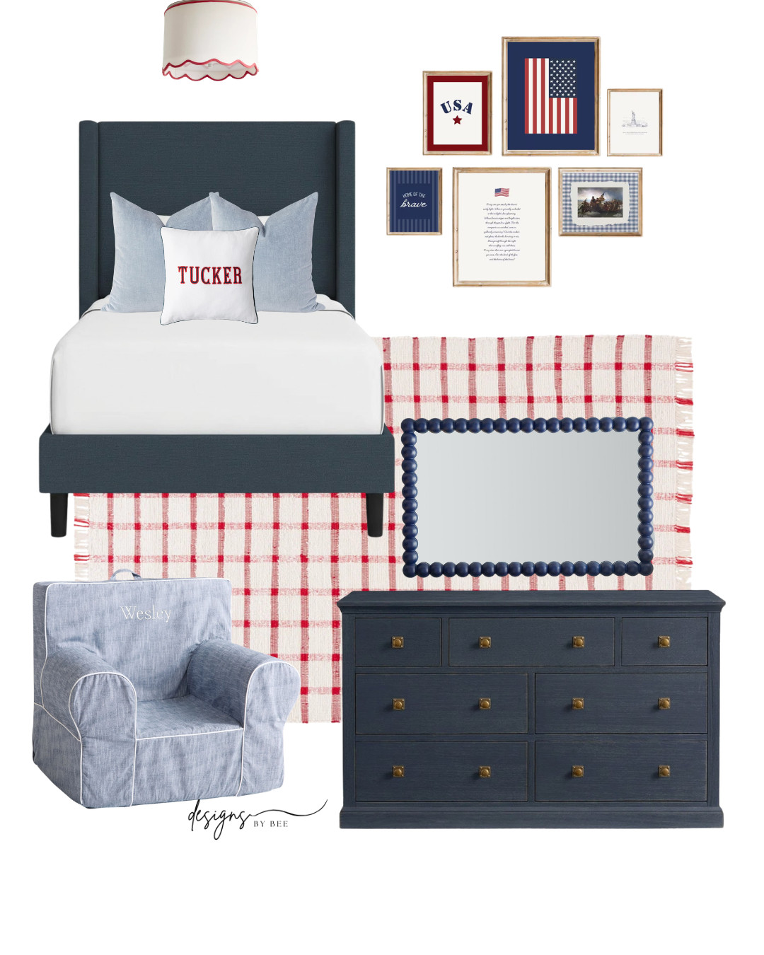 boys bedroom, teen boy room, little boy bedroom, boys room, Americana style, classic boys room, patriotic decor, grandmillennial kids, traditional nursery, preppy home, navy upholstered bed, wingback headboard, navy dresser, brass hardware, kids anywhere chair, denim lounge chair, red and white windowpane rug, gingham art, monogrammed pillow, scalloped lampshade, light blue euro shams, navy bobbin mirror, beaded mirror, gallery wall art, USA print, American flag decor, kids room inspo, toddler room ideas, navy and red, shared bedroom, project nursery, interior design inspo, nursery design, boy bedroom ideas, coastal classic, red white and blue decor 

 #LTKHome #LTKKids