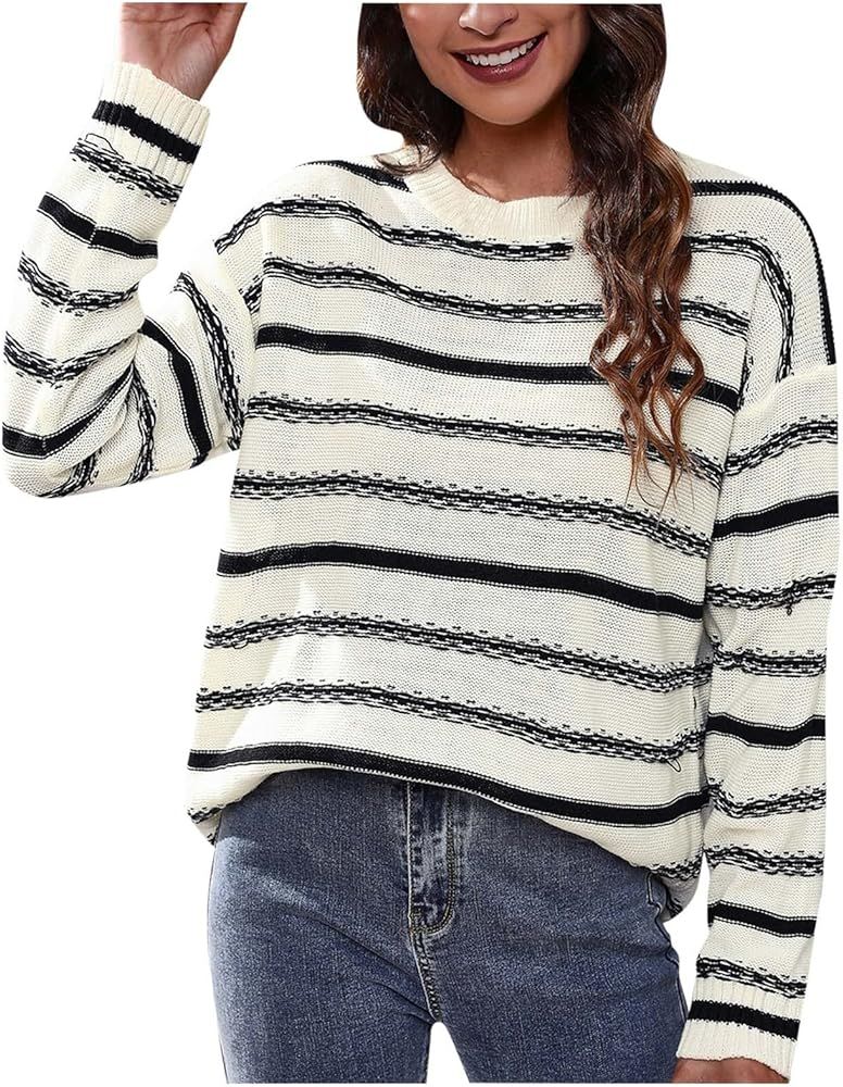 Women's Black and White Striped Sweater 2022 Fall Long Sleeve Crewneck Pullover Tunic Casual Loos... | Amazon (CA)