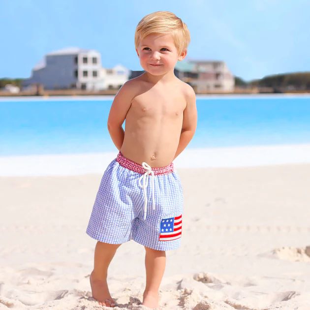 Flag Swim Trunks Blue Gingham | Classic Whimsy