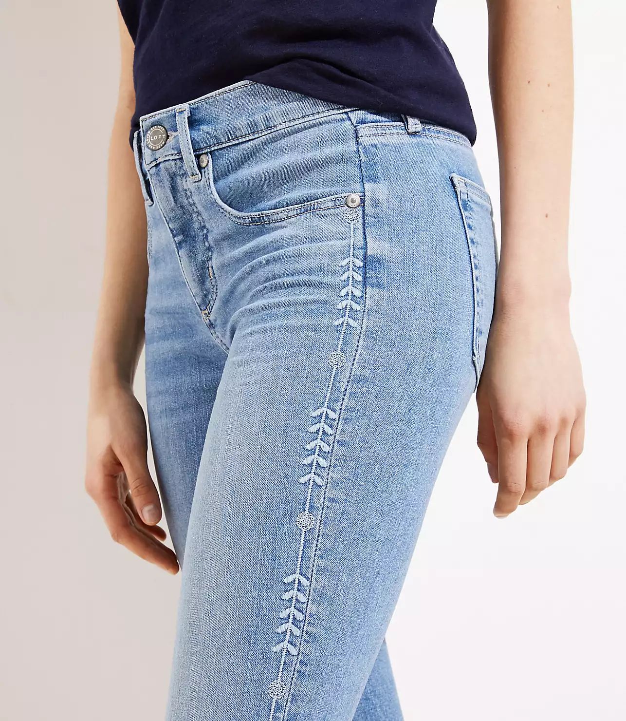 Embroidered Vine Soft Slim Pocket Skinny Crop Jeans in Vivid Light Indigo Wash | LOFT