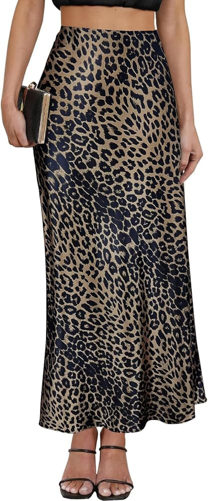 Women's Leopard Print Satin Maxi Skirt High Waisted Elastic Waistband Silk A-Line Casual Party 20... | Amazon (US)