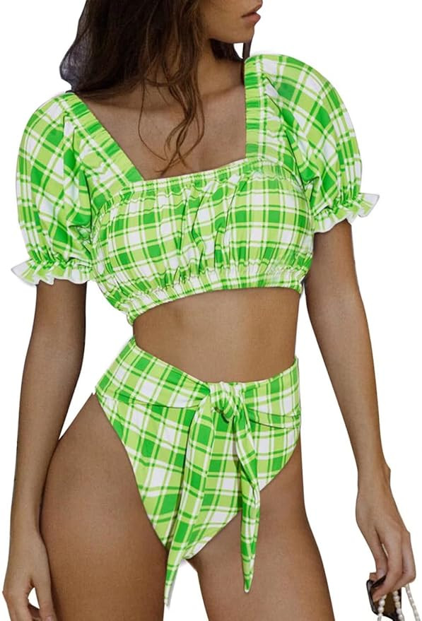 Dokotoo Womens 2022 Cute Solid Bubble Sleeves High Waisted Two Piece Bikini Swimsuit | Amazon (US)