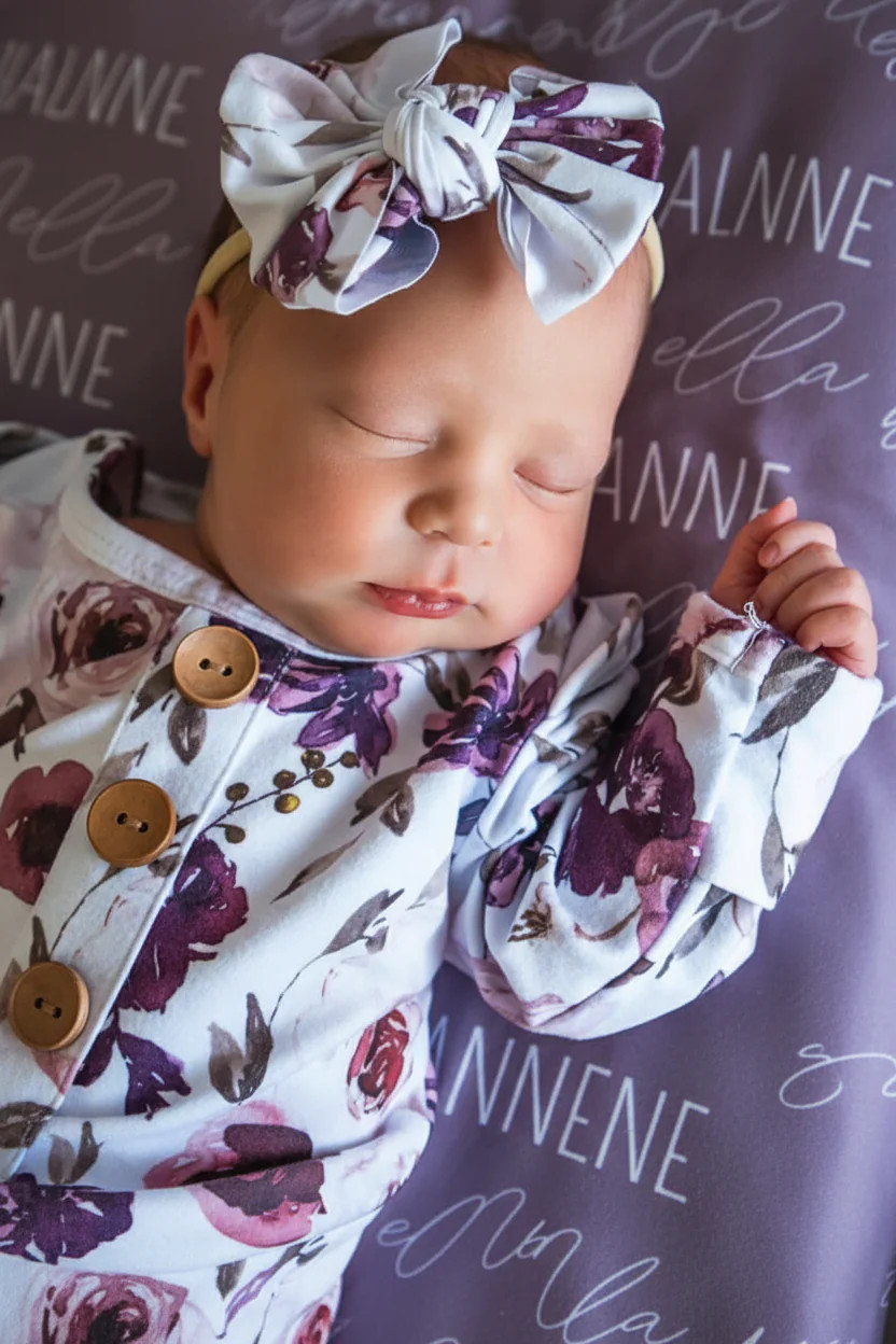 Demi's Dusty Purple Floral Newborn Baby Knot Gown & Hat Set | Caden Lane