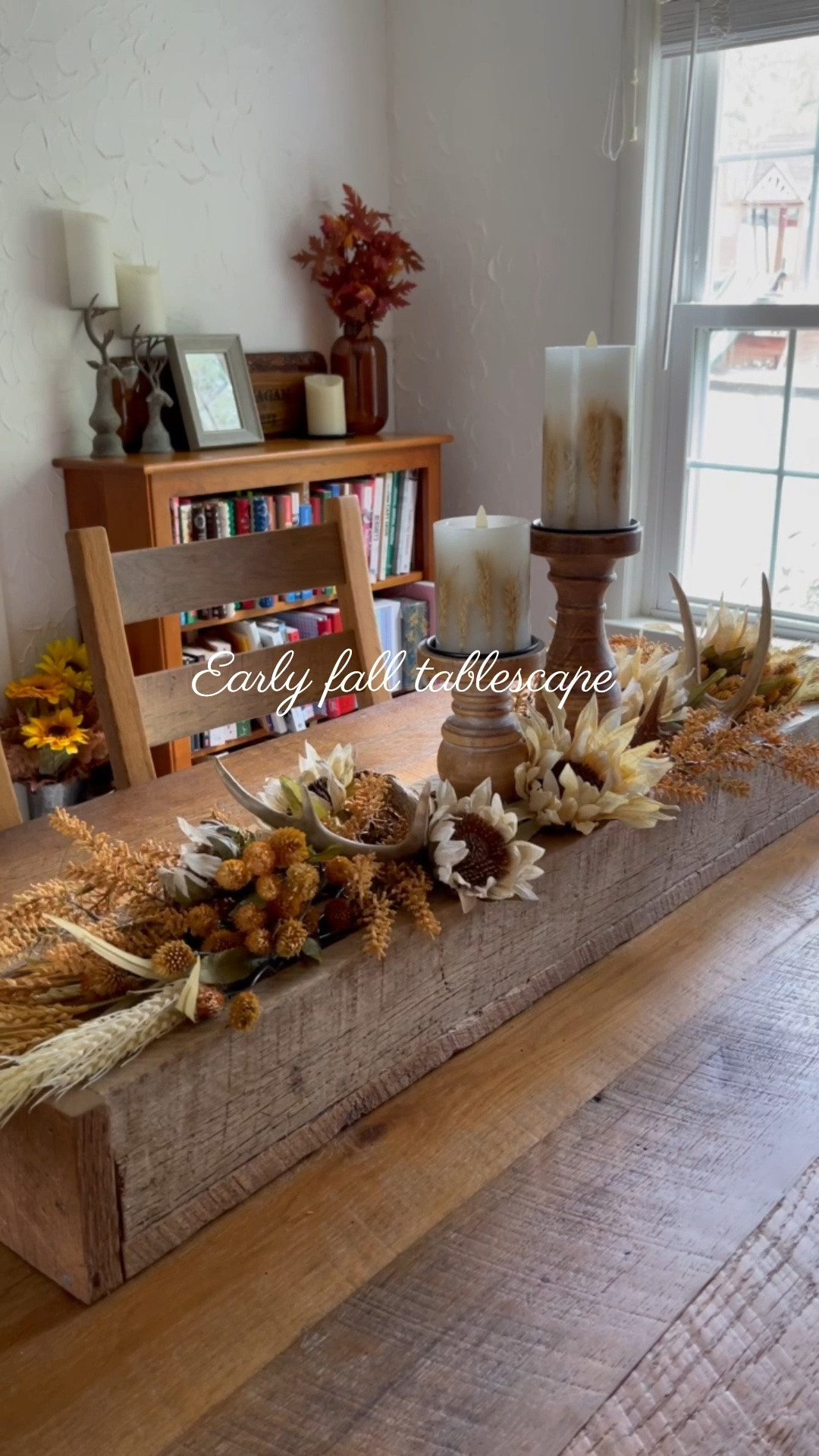 Early fall dining room tablescape with white sunflowers, wheat stems, brown floral stems

#LTKSeasonal #LTKHome #LTKSaleAlert