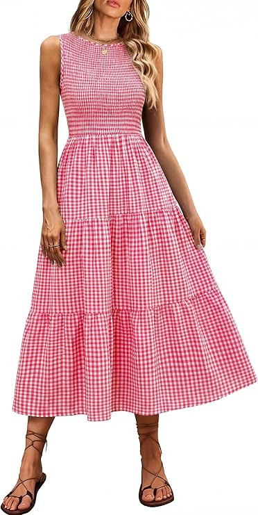 ANRABESS Women's Summer Casual Maxi Dress Sleeveless Crewneck Smocked 2026 Flowy Plaid Tiered Boh... | Amazon (US)