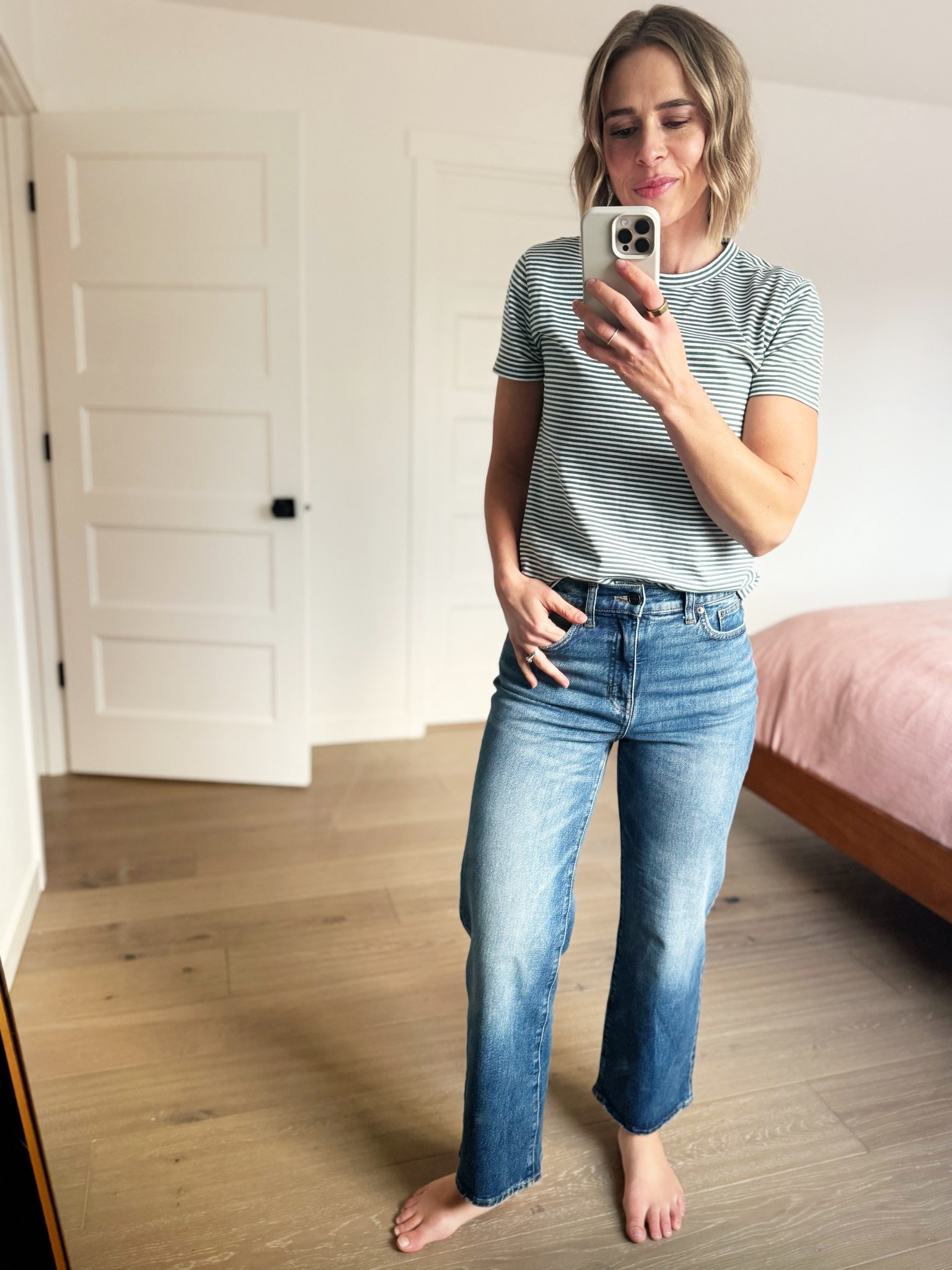 Love these 100% cotton shirts! Wearing size XS- they run bigger. These wide leg jeans are so good- perfect amount of stretch. Wearing size 26.

#LTKmomlife