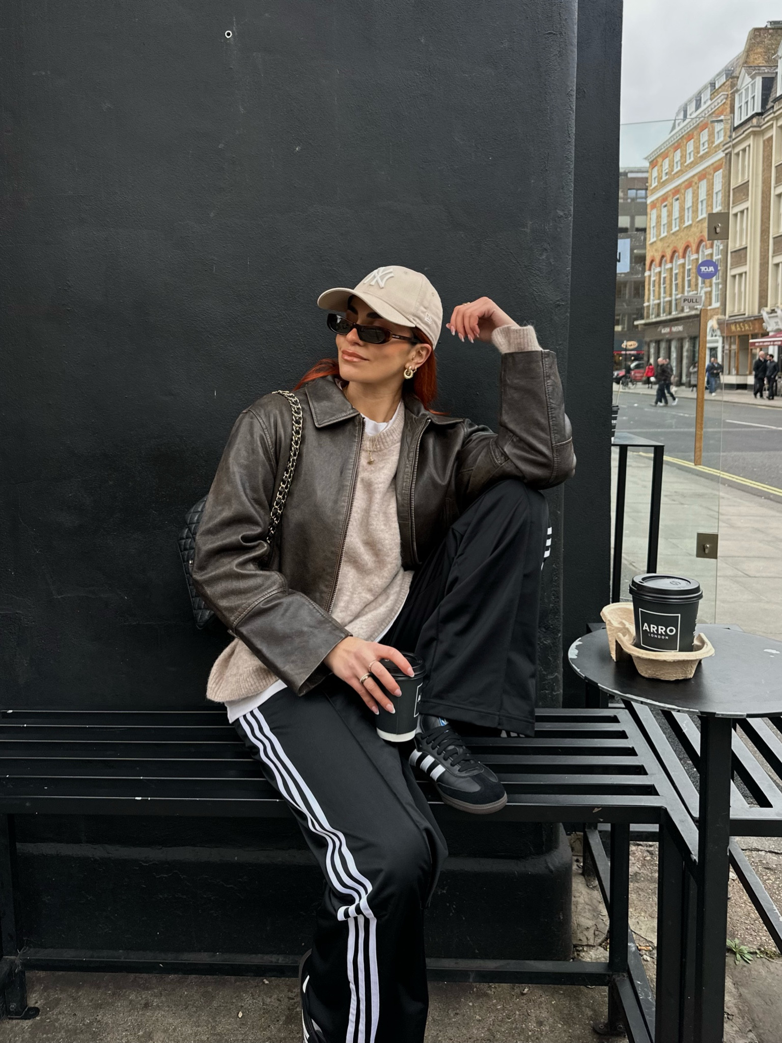 Casual coffee date outfits always ☕️ jacket is old Pull & Bear sorry! 
—--
Adidas, tracksuit, sambas, coffee outfit, Arket, new era. 