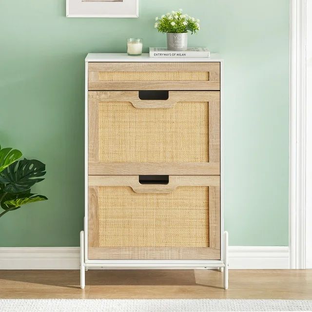 IDEALHOUSE Natural Rattan 2 Flip Door with 1 Drawer Shoe Cabinet Organizer Freestanding, Shoe Rac... | Walmart (US)