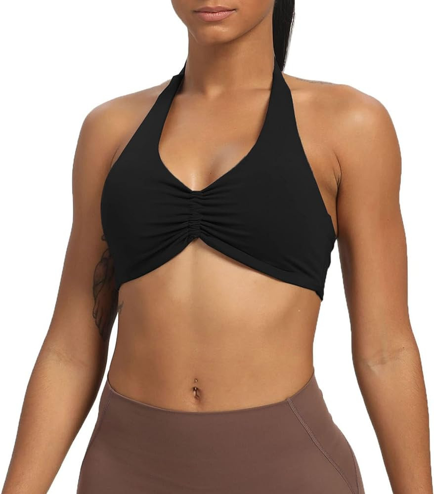 Aoxjox Women's Workout Sports Bras Fitness Backless Padded Taylor Scrunch Halter Bra Yoga Crop Ta... | Amazon (US)