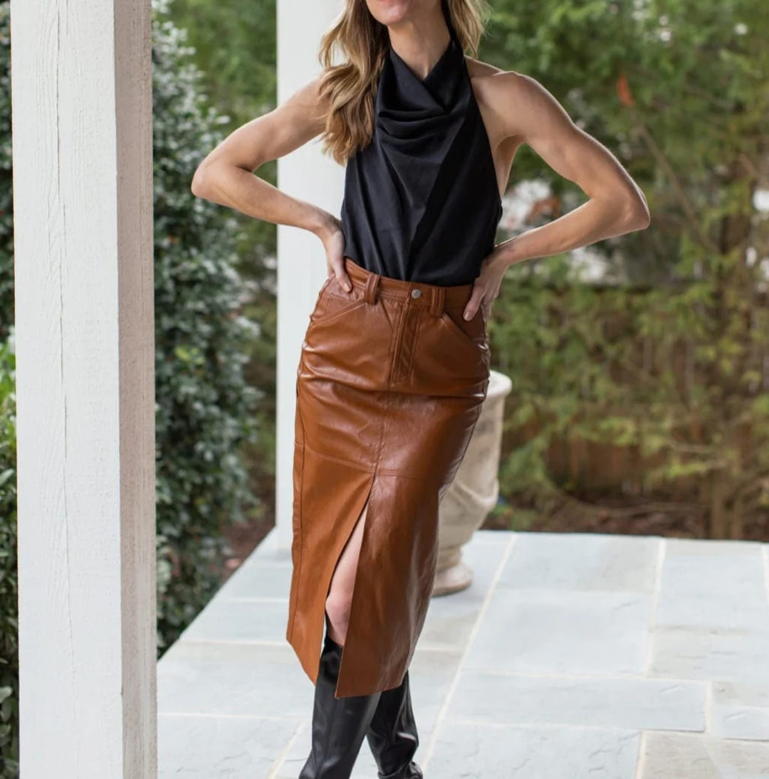 Women's Brown Solid Casual Lightweight A-line Pleated Leather Bodycon Skirt, Women's Leather Midi... | Etsy (US)