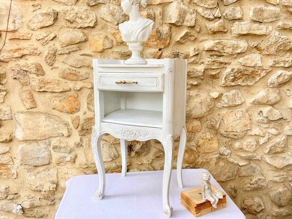 French cottage style white nightstand, shabby-chic vintage bedside table, repainted with a white ... | Etsy (US)