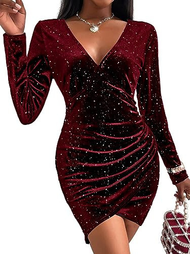 BerryGo Women's Velvet Sexy Ruched Sparkly Bodycon Cocktail Dress Long Sleeve V Neck Glitter Party Club Mini Dress Burgundy S | Amazon (US)