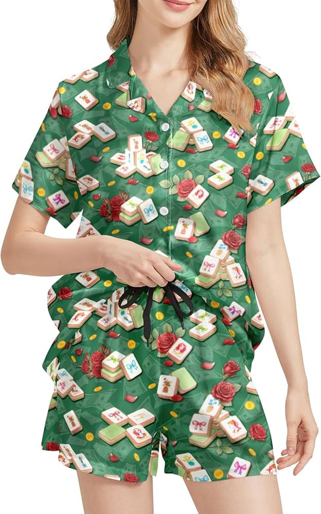 Funny Satin Pajamas Set for Women Button Down Sleepwear Print Pjs Set 2 Piece Short Sleeve Lounge... | Amazon (US)