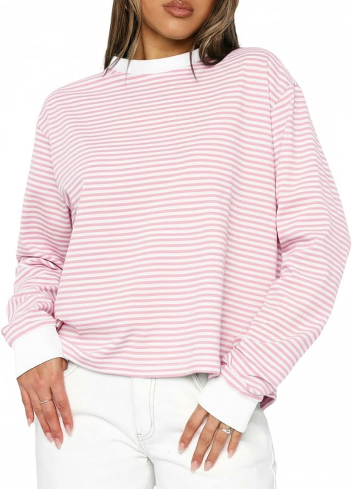 Cioatin Women Oversized Long Sleeve Striped Colorblock Tee Tops Crew Neck Loose Tshirt Pullover Y... | Amazon (US)
